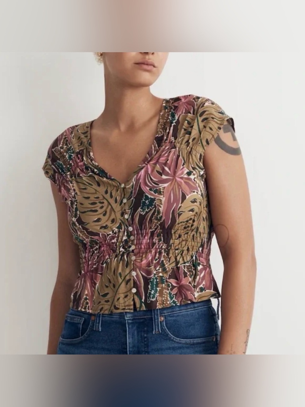 Madewell Shirred Cap Sleeve Top Brushstroke Monstera Print